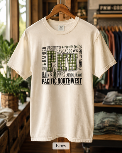 PNW Pacific Northwest T-Shirt — Scenic Cascades, Rain & Pines Design