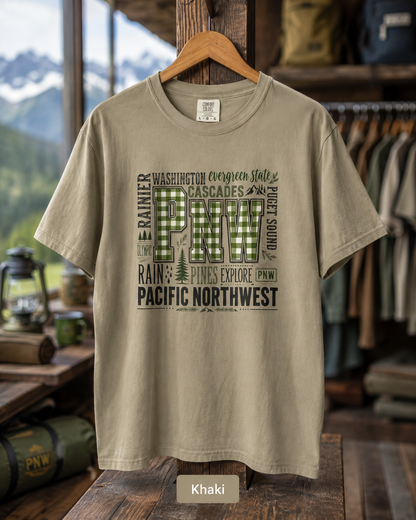 PNW Pacific Northwest T-Shirt — Scenic Cascades, Rain & Pines Design