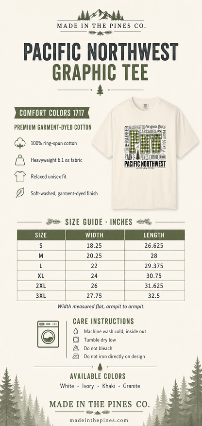 PNW Pacific Northwest T-Shirt — Scenic Cascades, Rain & Pines Design