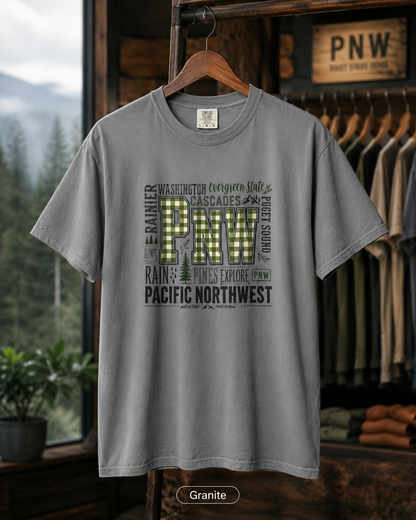 PNW Pacific Northwest T-Shirt — Scenic Cascades, Rain & Pines Design