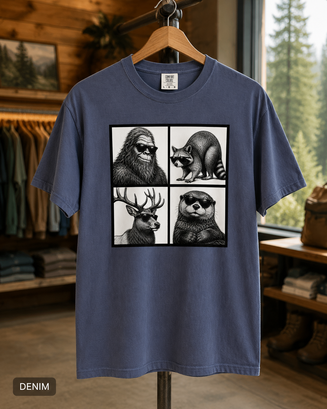 Wildlife Portrait Grid T‑Shirt — Bigfoot, Raccoon, Deer & Otter Illustration