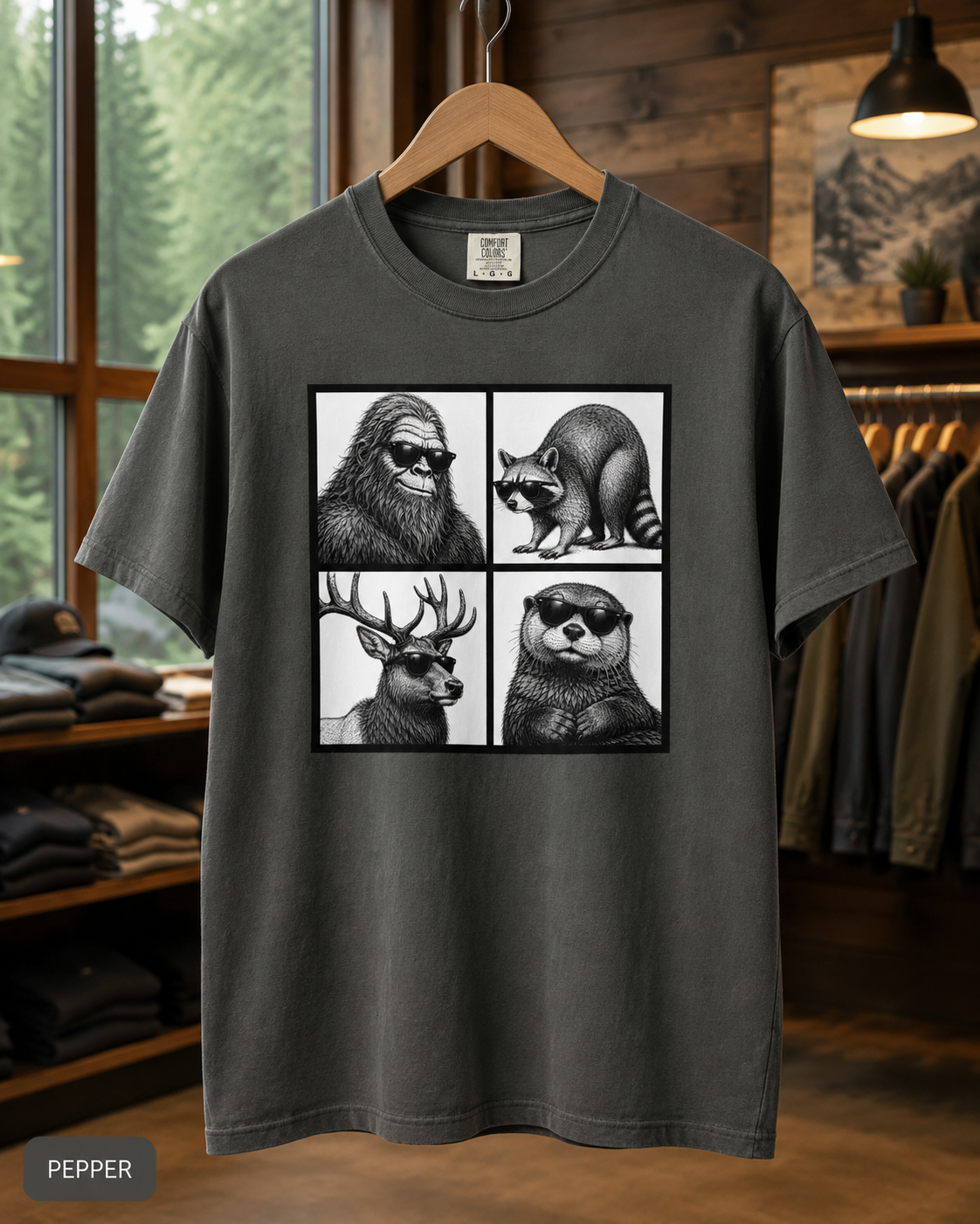 Wildlife Portrait Grid T‑Shirt — Bigfoot, Raccoon, Deer & Otter Illustration