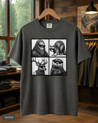 Wildlife Portrait Grid T‑Shirt — Bigfoot, Raccoon, Deer & Otter Illustration