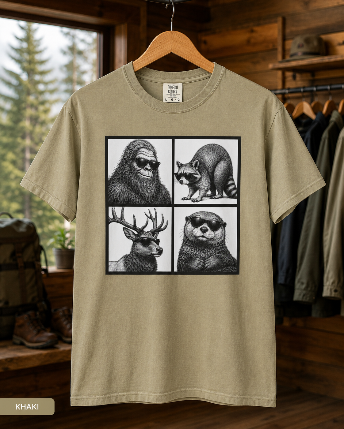 Wildlife Portrait Grid T‑Shirt — Bigfoot, Raccoon, Deer & Otter Illustration