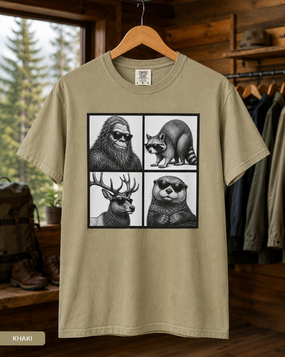 Wildlife Portrait Grid T‑Shirt — Bigfoot, Raccoon, Deer & Otter Illustration