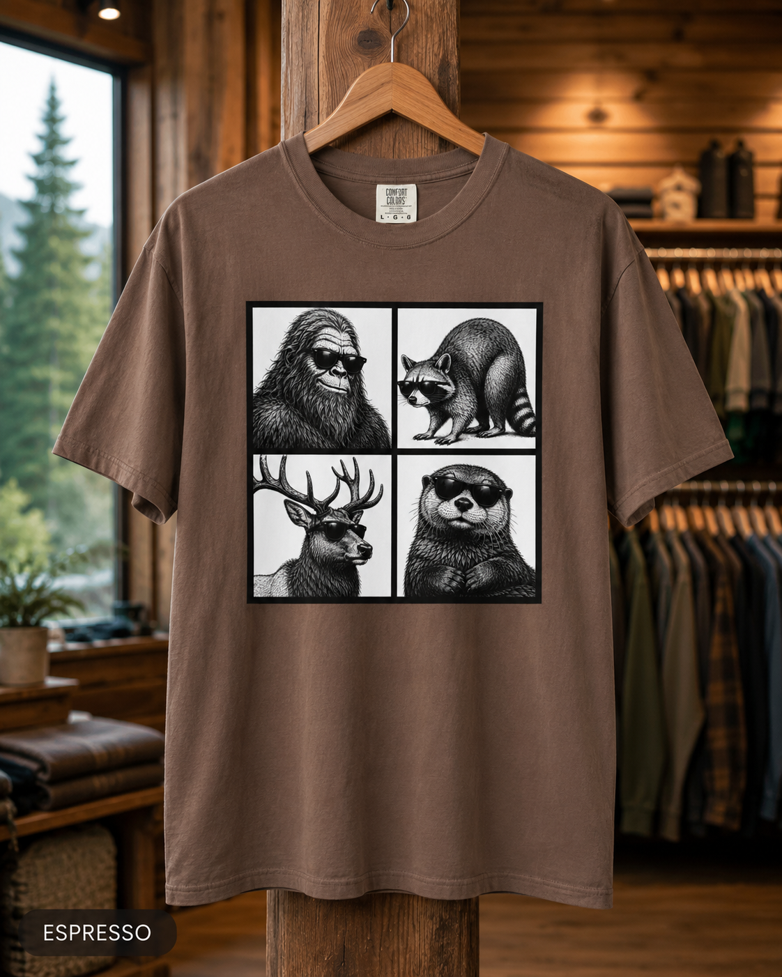 Wildlife Portrait Grid T‑Shirt — Bigfoot, Raccoon, Deer & Otter Illustration