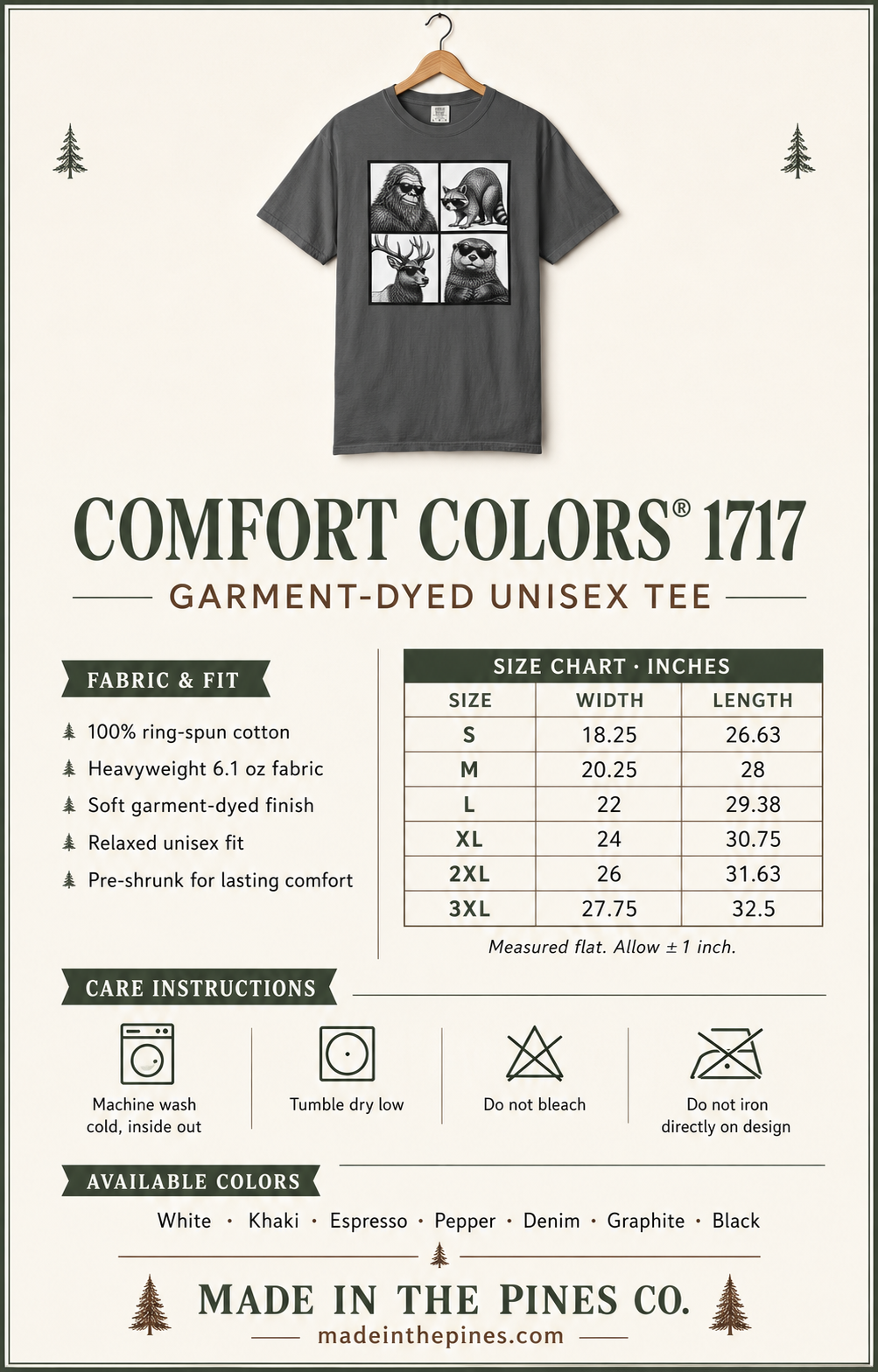 Wildlife Portrait Grid T‑Shirt — Bigfoot, Raccoon, Deer & Otter Illustration