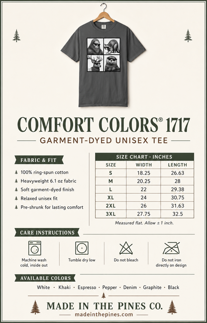 Wildlife Portrait Grid T‑Shirt — Bigfoot, Raccoon, Deer & Otter Illustration