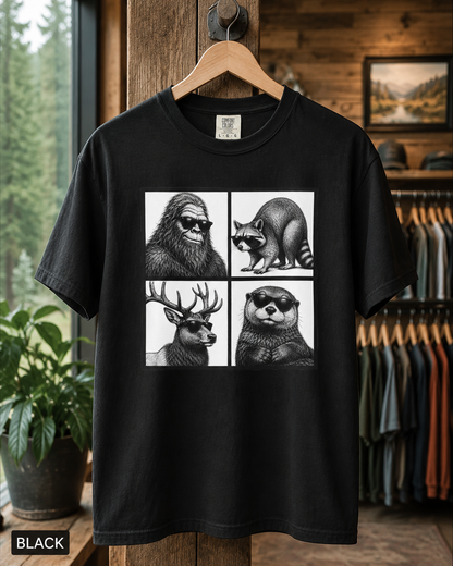 Wildlife Portrait Grid T‑Shirt — Bigfoot, Raccoon, Deer & Otter Illustration