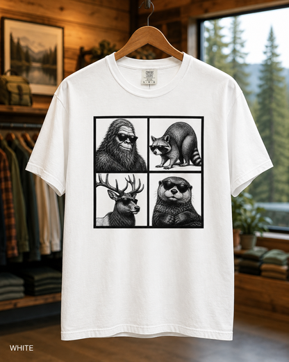 Wildlife Portrait Grid T‑Shirt — Bigfoot, Raccoon, Deer & Otter Illustration