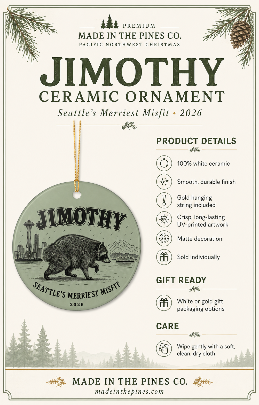 Personalized Seattle Raccoon Ceramic Ornament – "Jimothy" Seattle’s Merriest Misfit 2026