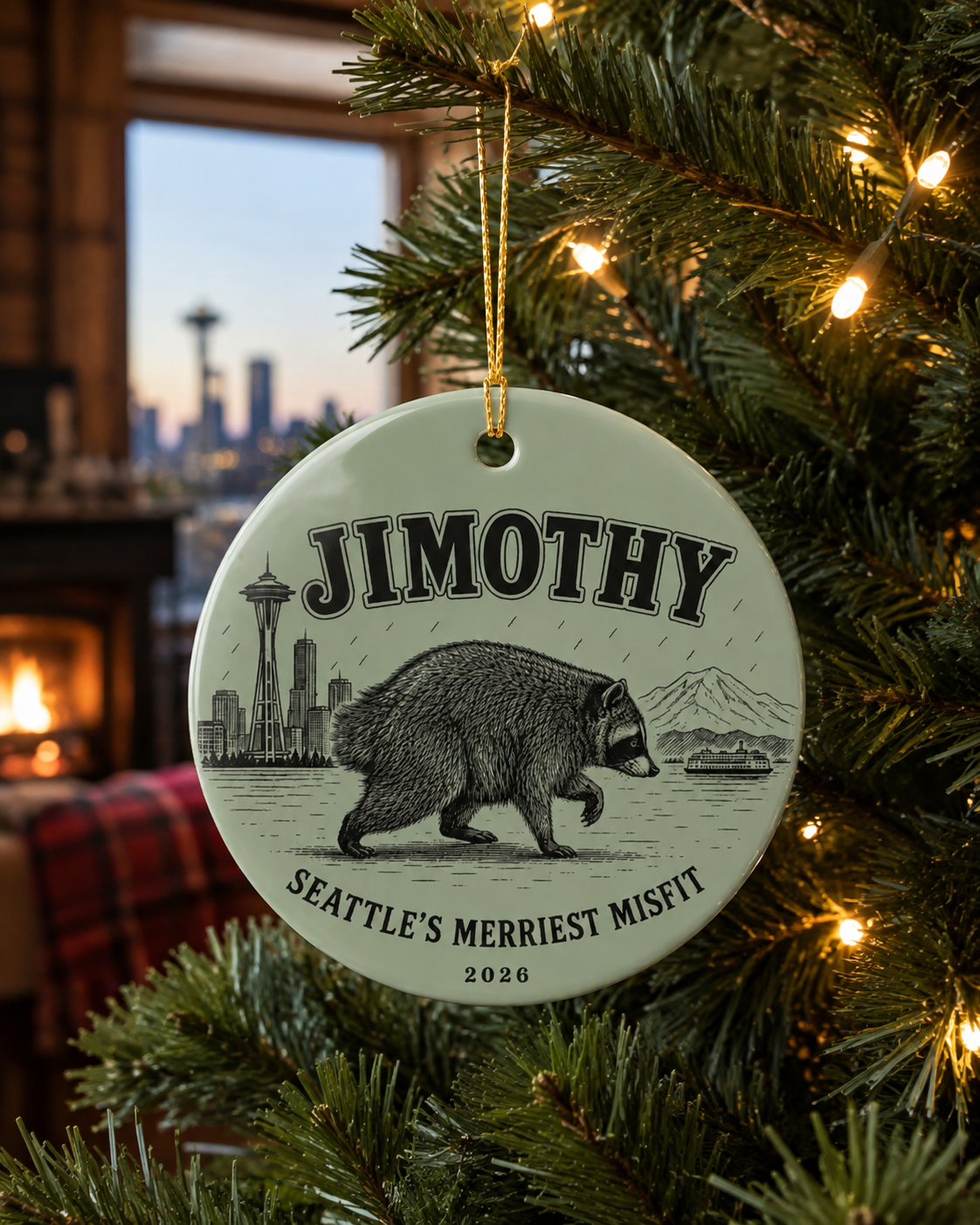 Personalized Seattle Raccoon Ceramic Ornament – "Jimothy" Seattle’s Merriest Misfit 2026