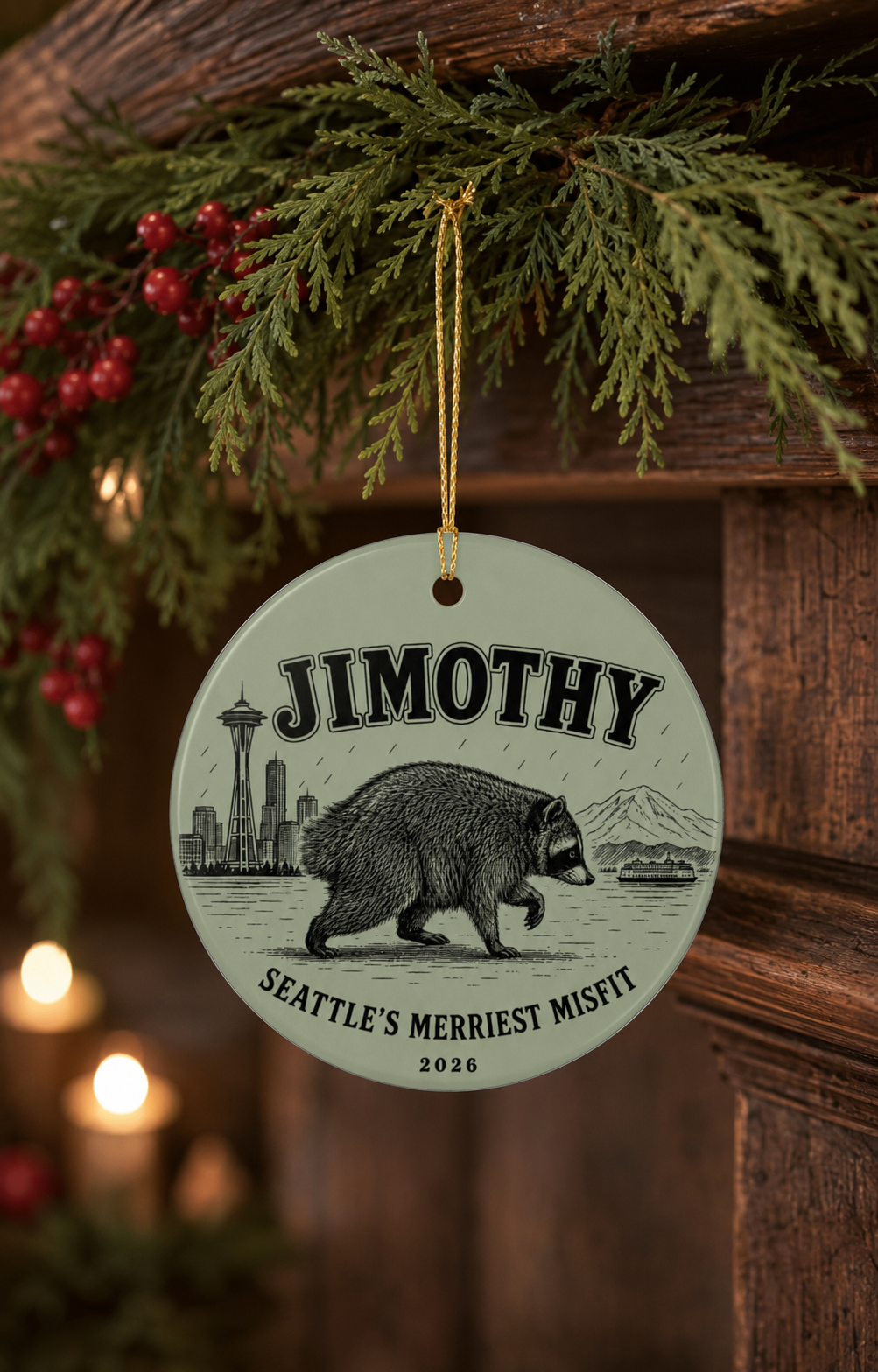 Personalized Seattle Raccoon Ceramic Ornament – "Jimothy" Seattle’s Merriest Misfit 2026
