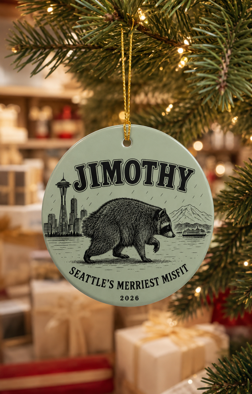 Personalized Seattle Raccoon Ceramic Ornament – "Jimothy" Seattle’s Merriest Misfit 2026