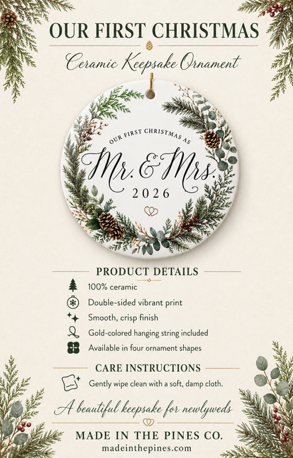 Mr. & Mrs. First Christmas 2026 Ceramic Ornament – Personalized Newlywed Holiday Keepsake