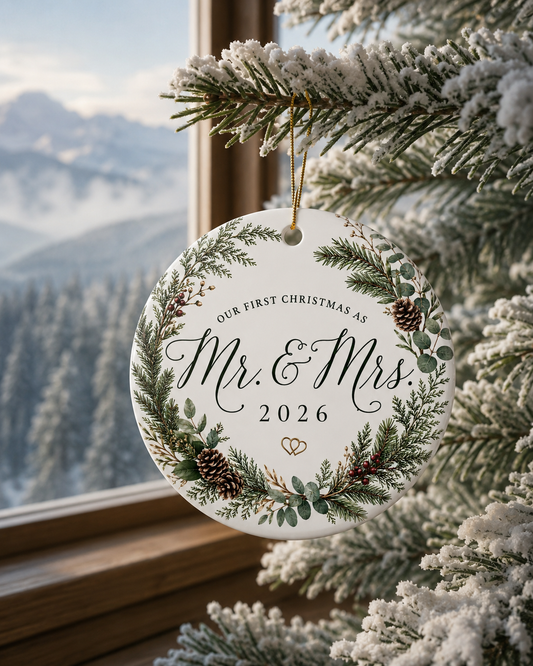 Mr. & Mrs. First Christmas 2026 Ceramic Ornament – Personalized Newlywed Holiday Keepsake