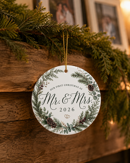 Mr. & Mrs. First Christmas 2026 Ceramic Ornament – Personalized Newlywed Holiday Keepsake