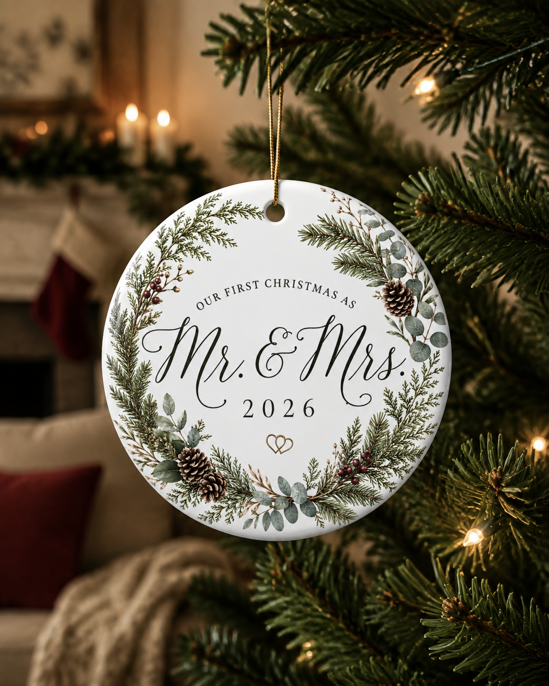 Mr. & Mrs. First Christmas 2026 Ceramic Ornament – Personalized Newlywed Holiday Keepsake