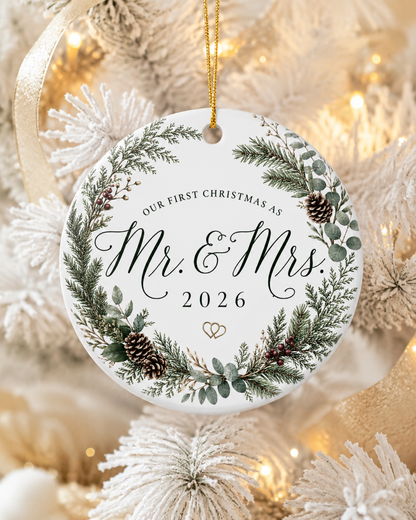 Mr. & Mrs. First Christmas 2026 Ceramic Ornament – Personalized Newlywed Holiday Keepsake