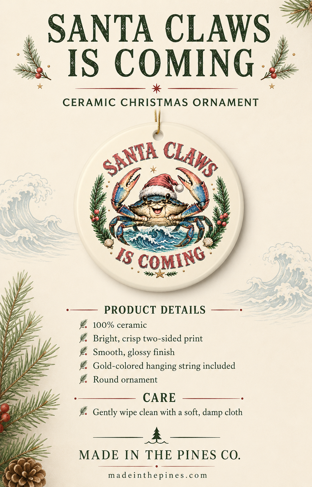 Santa Claws Is Coming Ceramic Christmas Ornament — Festive Crab Holiday Decor