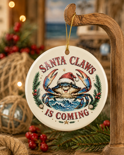 Santa Claws Is Coming Ceramic Christmas Ornament — Festive Crab Holiday Decor