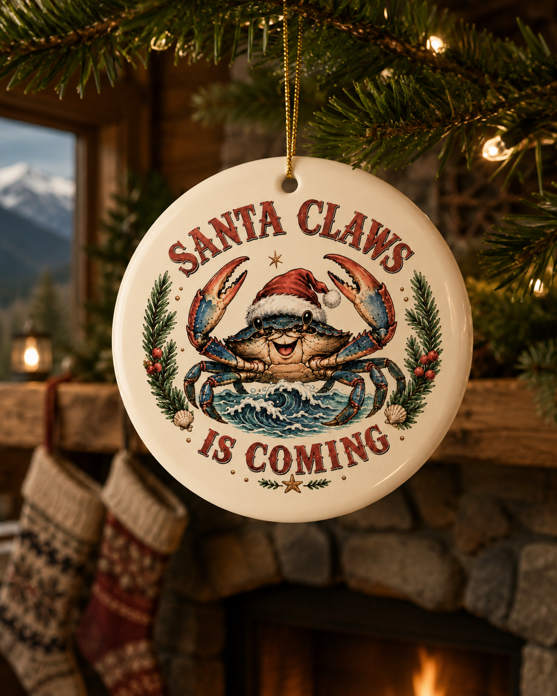 Santa Claws Is Coming Ceramic Christmas Ornament — Festive Crab Holiday Decor