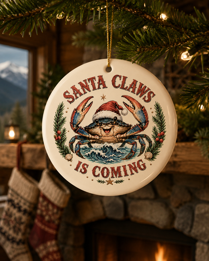 Santa Claws Is Coming Ceramic Christmas Ornament — Festive Crab Holiday Decor