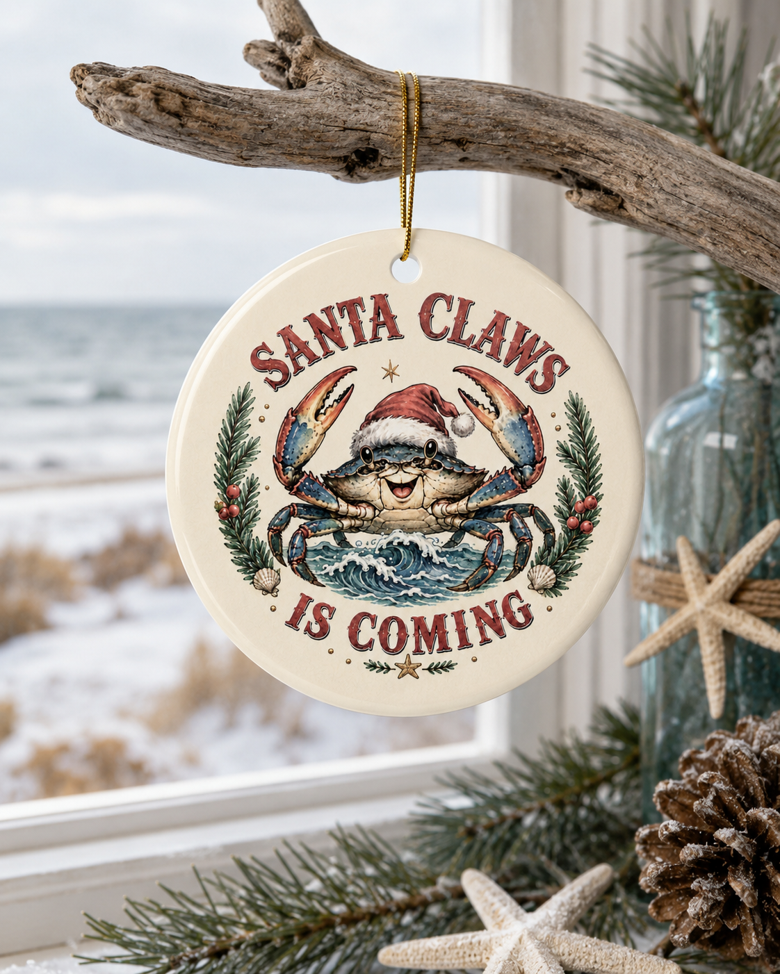 Santa Claws Is Coming Ceramic Christmas Ornament — Festive Crab Holiday Decor