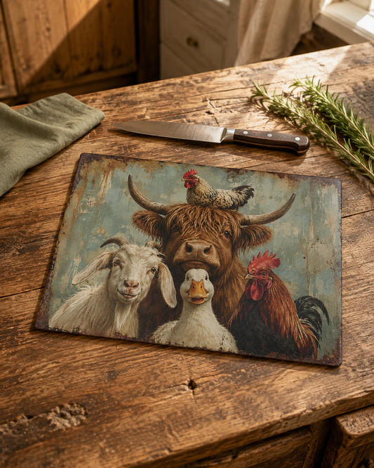 Farm Animal Glass Cutting Board – Rustic Cow, Goat, Duck & Rooster Kitchen Decor