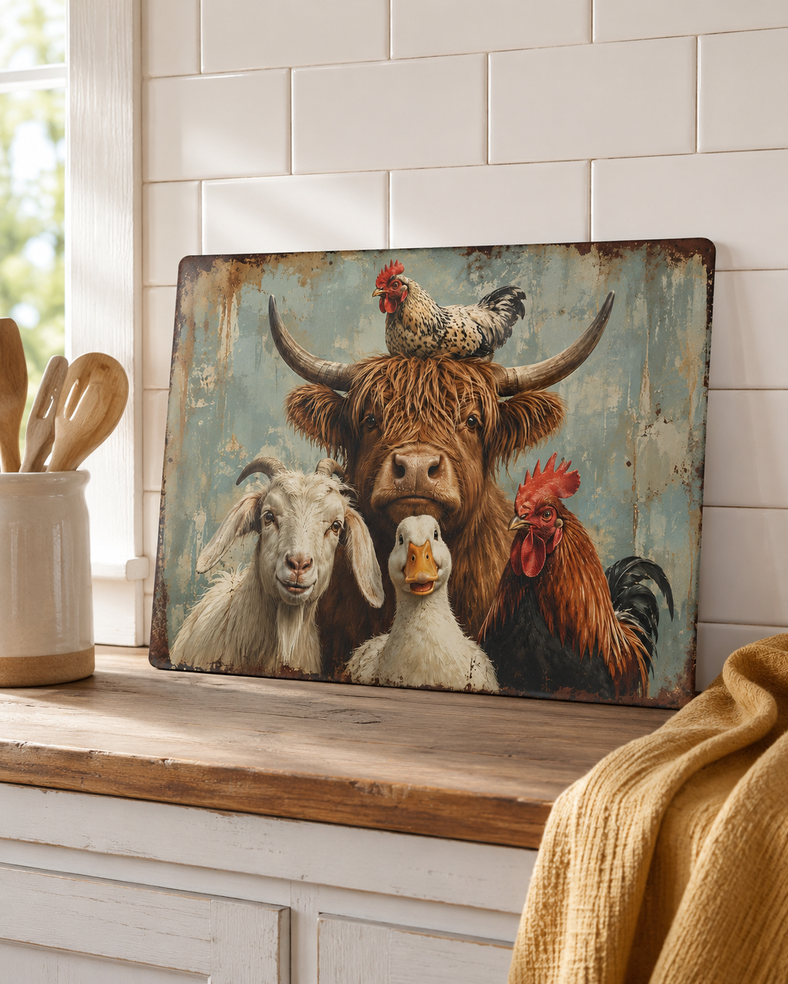 Farm Animal Glass Cutting Board – Rustic Cow, Goat, Duck & Rooster Kitchen Decor