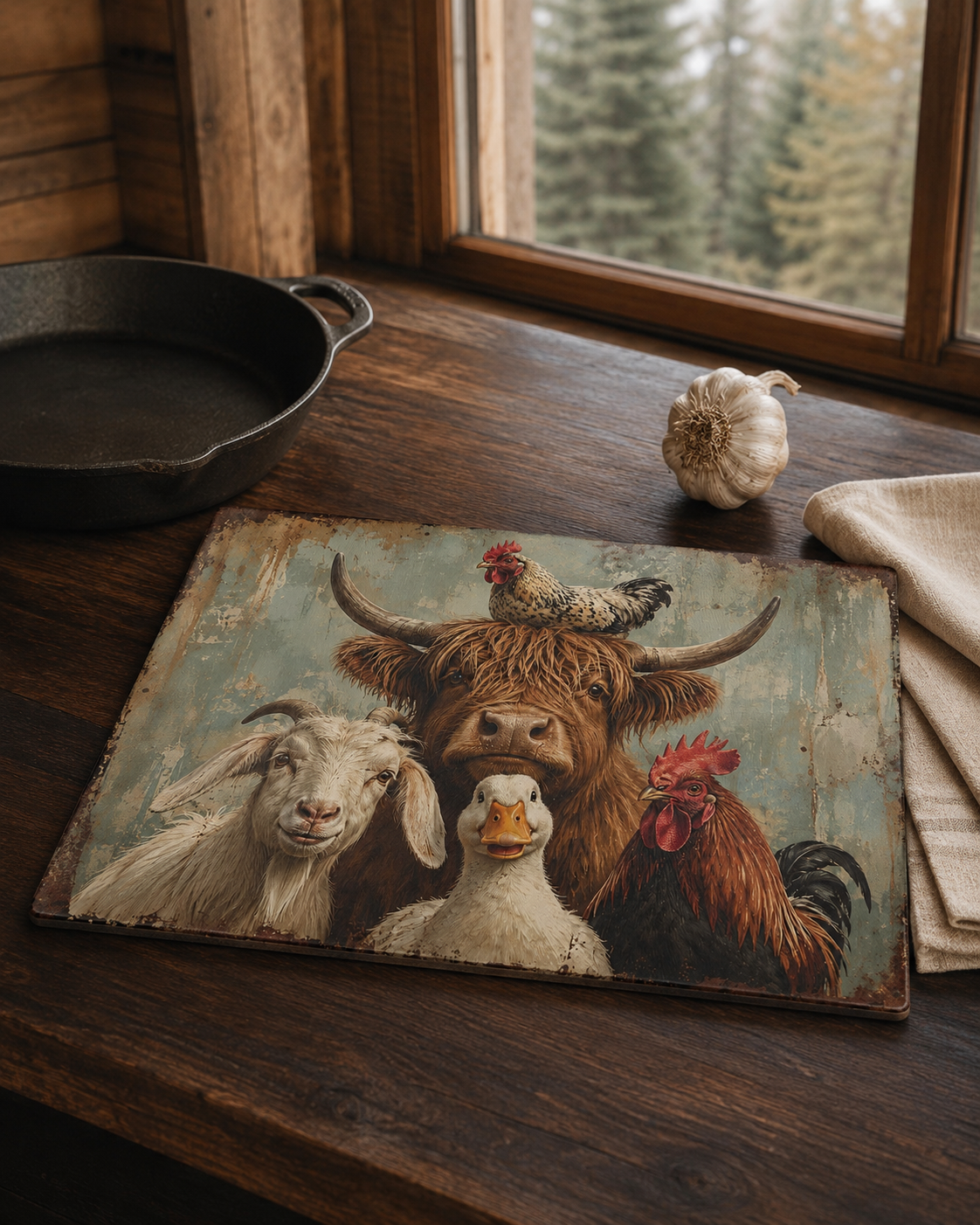 Farm Animal Glass Cutting Board – Rustic Cow, Goat, Duck & Rooster Kitchen Decor
