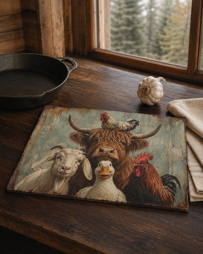 Farm Animal Glass Cutting Board – Rustic Cow, Goat, Duck & Rooster Kitchen Decor