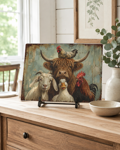 Farm Animal Glass Cutting Board – Rustic Cow, Goat, Duck & Rooster Kitchen Decor