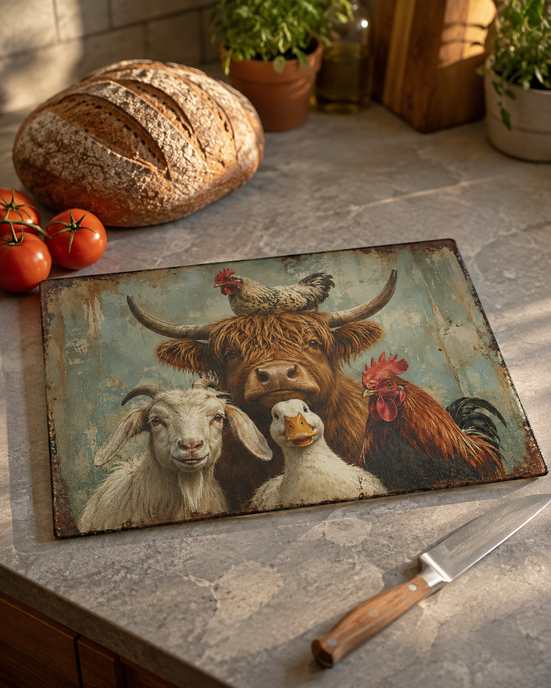 Farm Animal Glass Cutting Board – Rustic Cow, Goat, Duck & Rooster Kitchen Decor