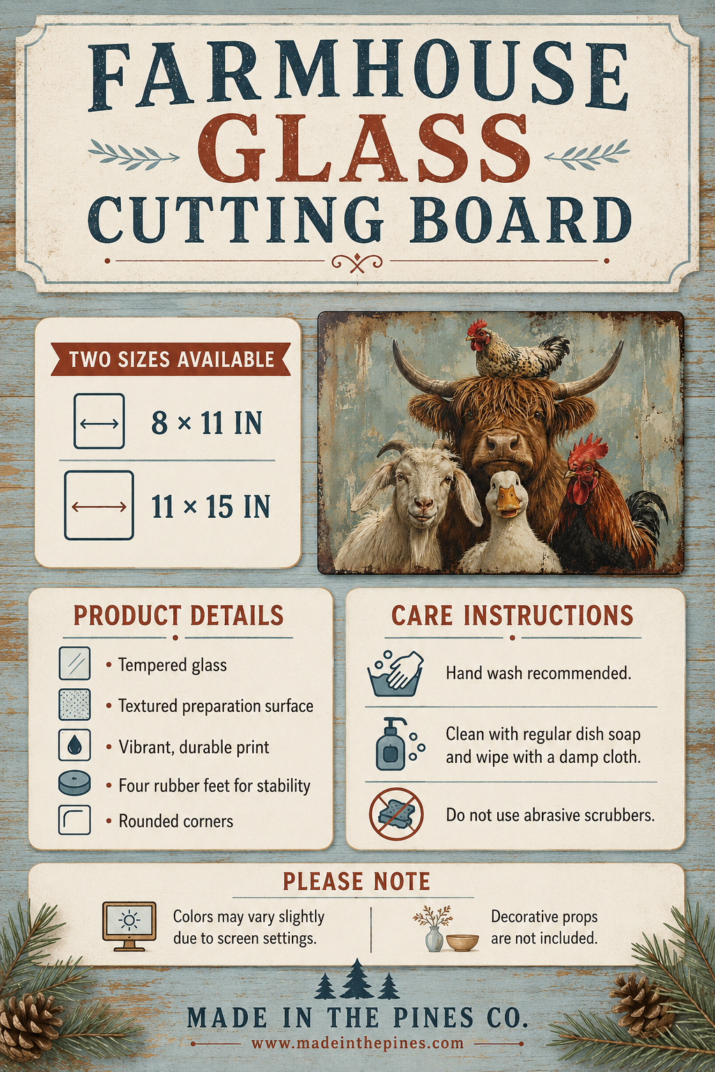 Farm Animal Glass Cutting Board – Rustic Cow, Goat, Duck & Rooster Kitchen Decor