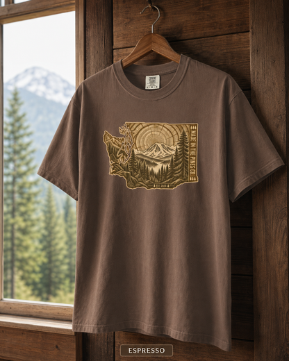 Washington State Mountain Landscape T-Shirt | Pacific Northwest Map Tee