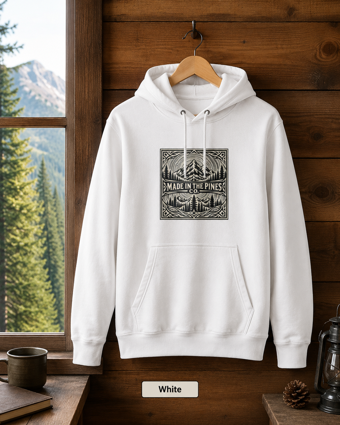 Made in the Pines mountain badge Hoodie | forest cabin outdoor logo
