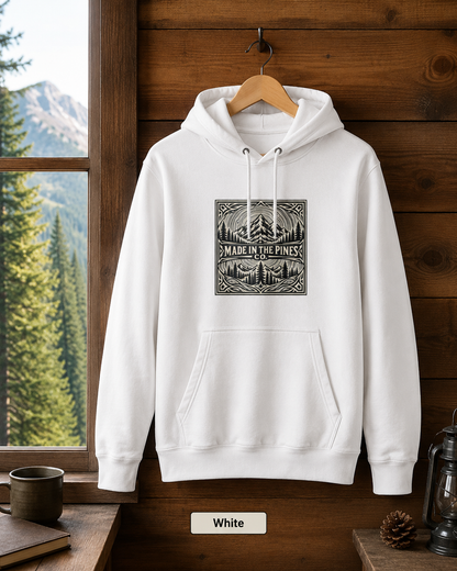 Made in the Pines mountain badge Hoodie | forest cabin outdoor logo