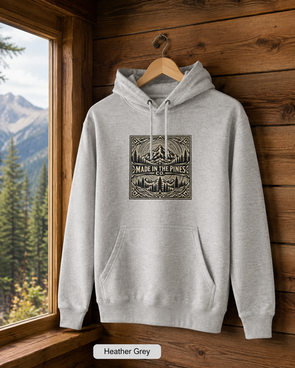 Made in the Pines mountain badge Hoodie | forest cabin outdoor logo