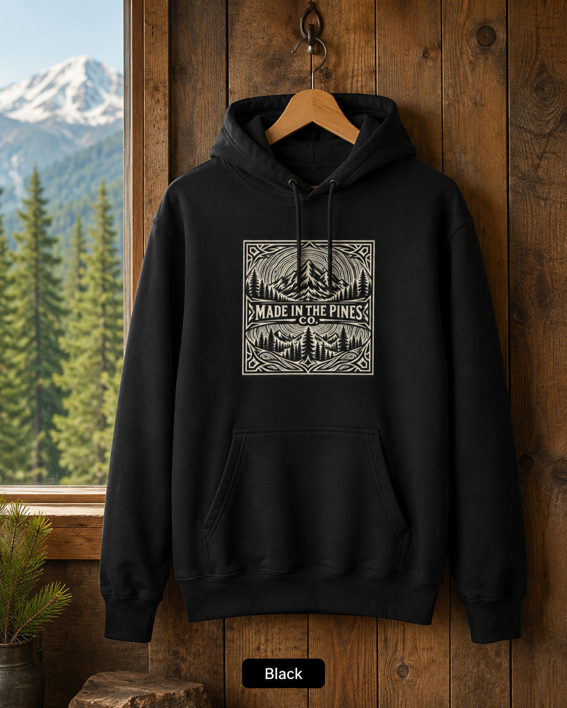 Made in the Pines mountain badge Hoodie | forest cabin outdoor logo