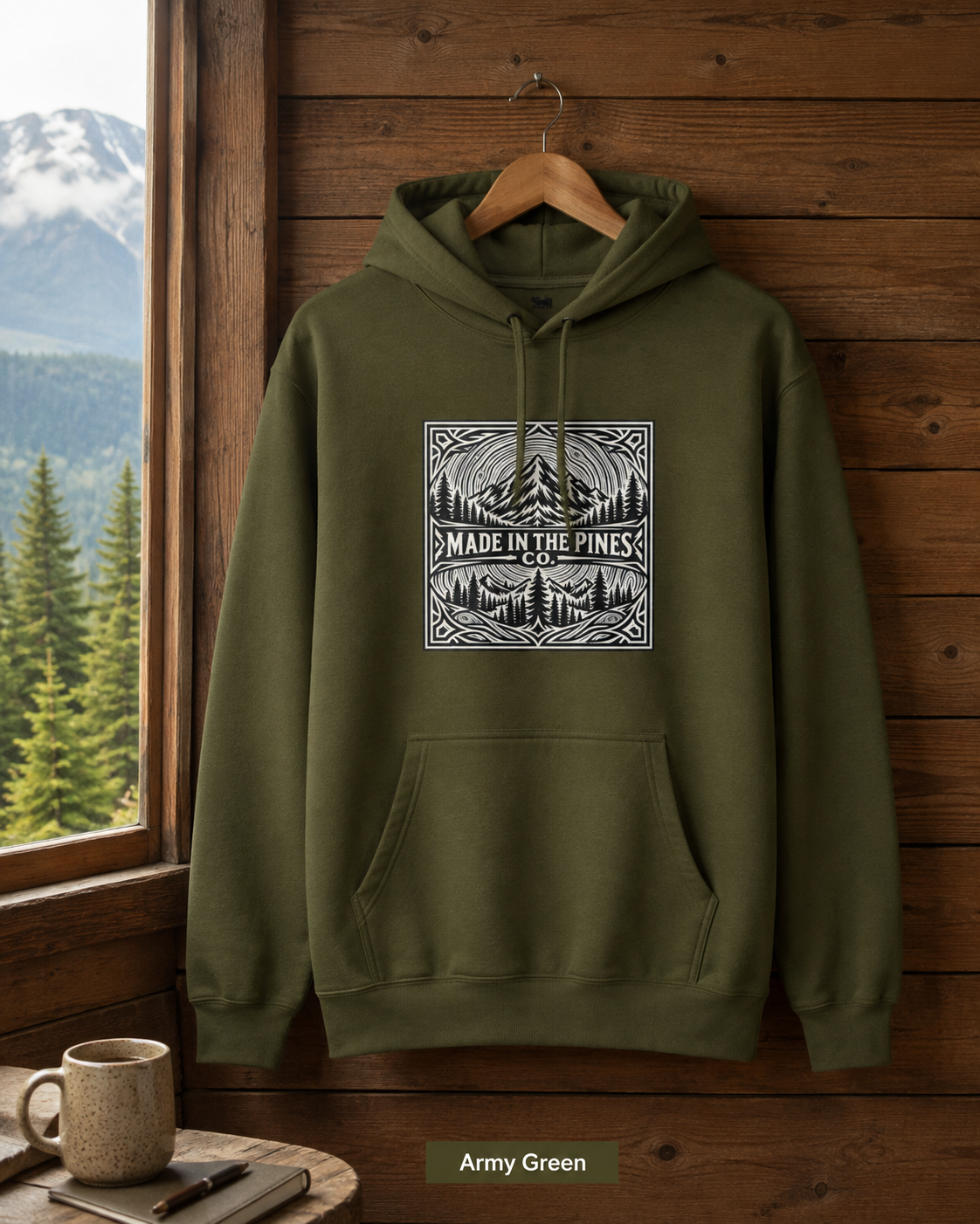 Made in the Pines mountain badge Hoodie | forest cabin outdoor logo