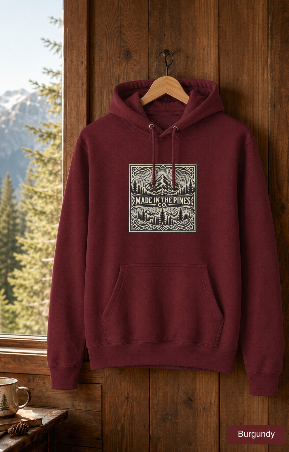 Made in the Pines mountain badge Hoodie | forest cabin outdoor logo