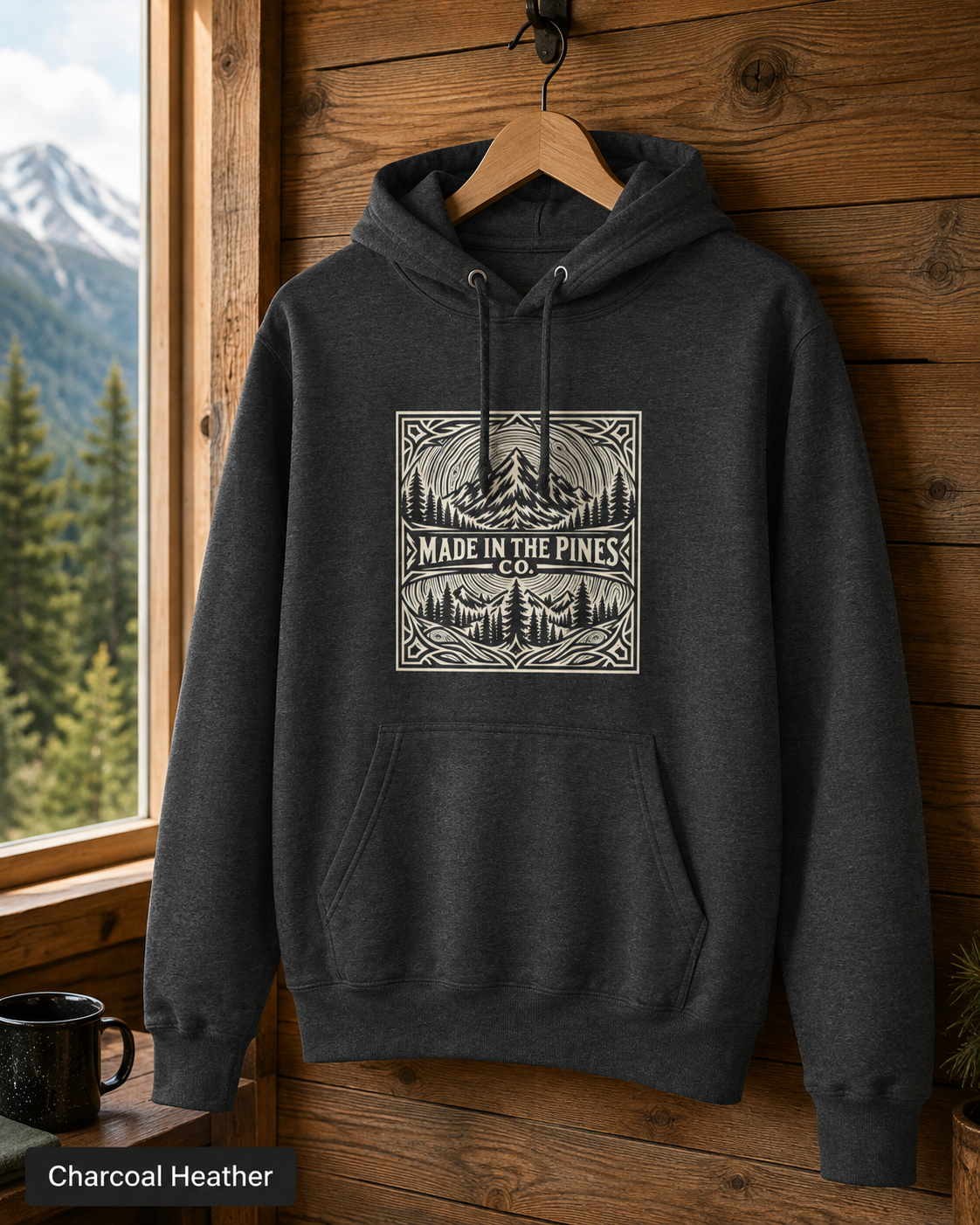 Made in the Pines mountain badge Hoodie | forest cabin outdoor logo