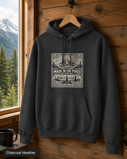 Made in the Pines mountain badge Hoodie | forest cabin outdoor logo