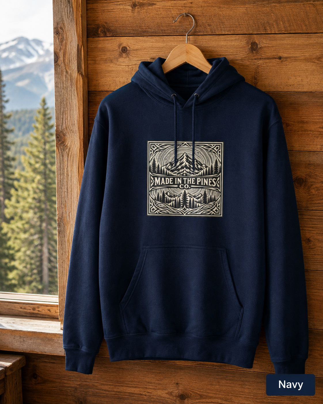 Made in the Pines mountain badge Hoodie | forest cabin outdoor logo