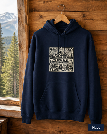 Made in the Pines mountain badge Hoodie | forest cabin outdoor logo