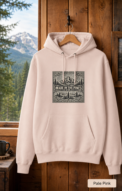 Made in the Pines mountain badge Hoodie | forest cabin outdoor logo