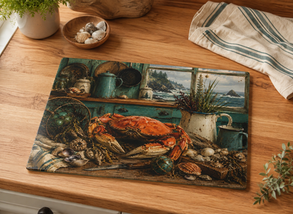 Coastal Crab Kitchen Glass Cutting Board – Nautical Seafood Coastal Décor
