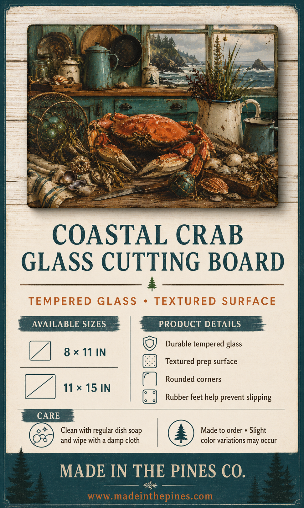 Coastal Crab Kitchen Glass Cutting Board – Nautical Seafood Coastal Décor
