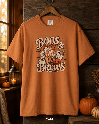 Boos & Brews Halloween Graphic T-shirt | Pumpkin Ghost Coffee Tee